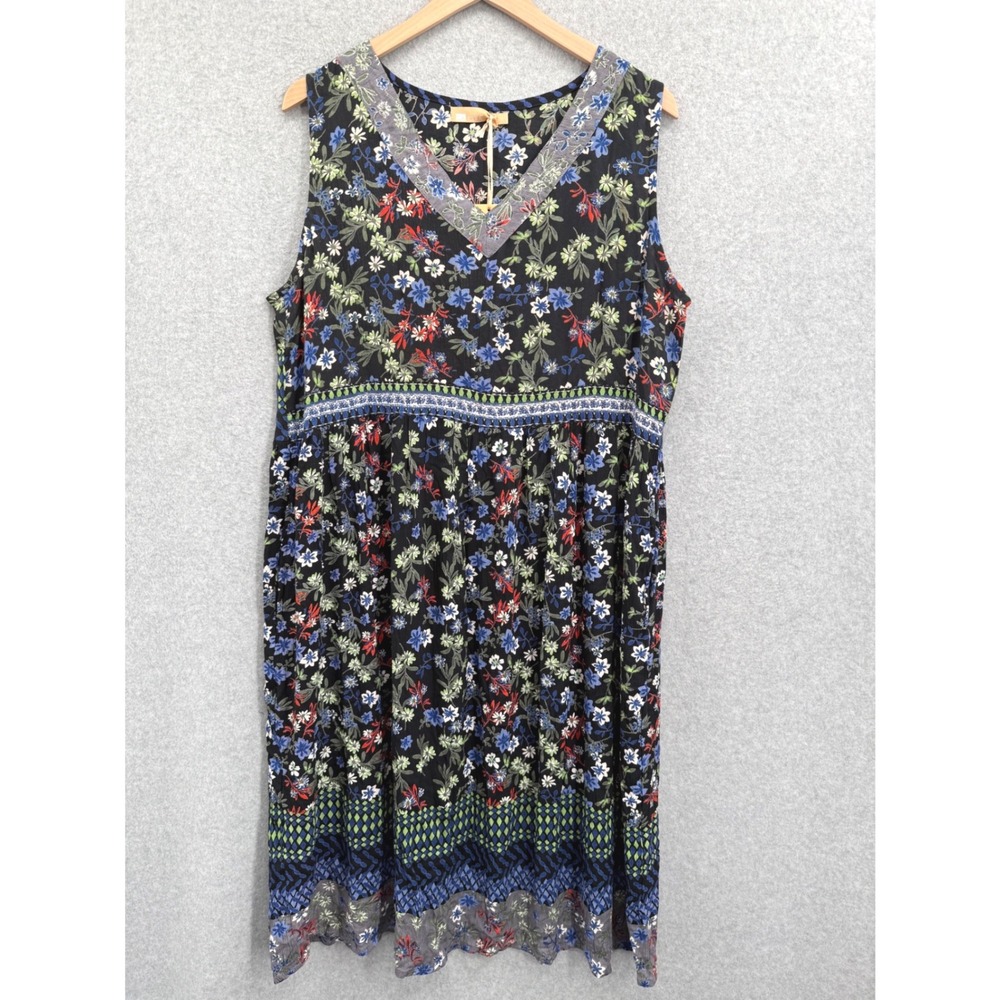 La Cera Dress Womens XL Black Floral Sleeveless V-Neck Rayon Midi Boho Casual
